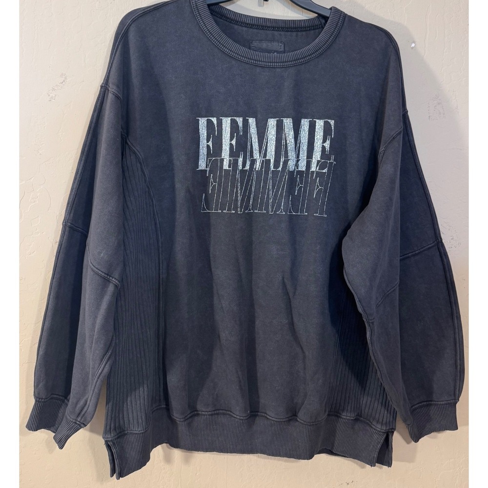 Aerie Sweatshirt Women Medium Oversized Femme Graphic Acid Wash Black NEW